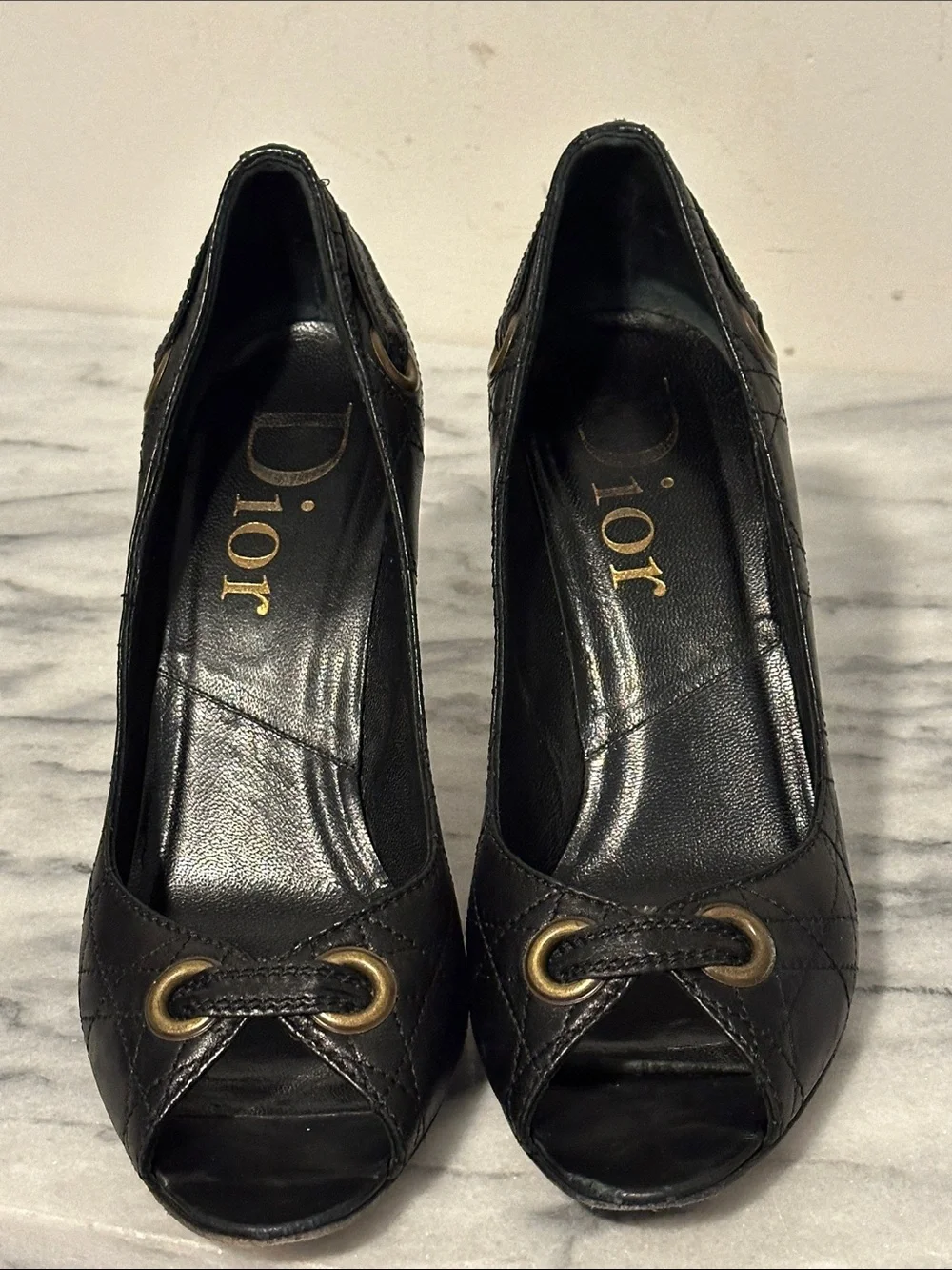 Dior Black Leather Peep-Toe Pumps with Gold Eyelet Detail & D charm Sz 37.5